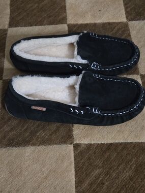 Bearpaw Women's Black Suede Shearling-Lined Moccasin Loafers Fits 7.5-8
